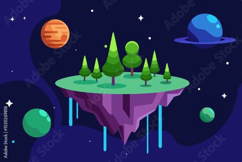 Floating Island in Space A Surreal Cosmic Landscape Illustration