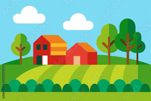 Tranquil Farmland Landscape Idyllic Countryside Scene with Rolling Hills and Farmhouses