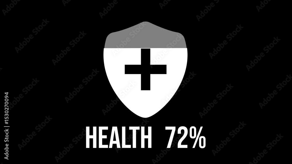 Animation of the shield icon with a health cross while charging: progress from 0 to 100%. With the word health Animation of the shield icon with a health cross while charging: progress from 0 to 100%. With the word health
