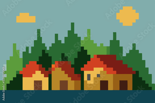 Pixel Art Village Landscape Charming Houses nestled in a lush forest