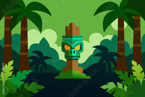Mysterious Tiki Idol in Lush Tropical Paradise A Vibrant Illustration