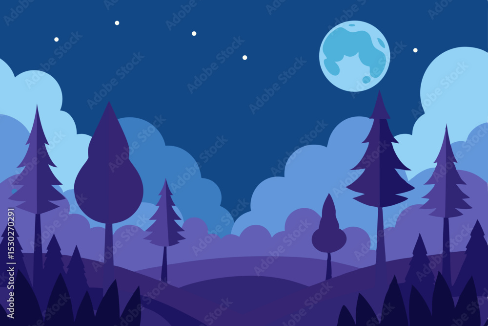 Fototapeta premium Serene Night Forest Moonlit Landscape Illustration