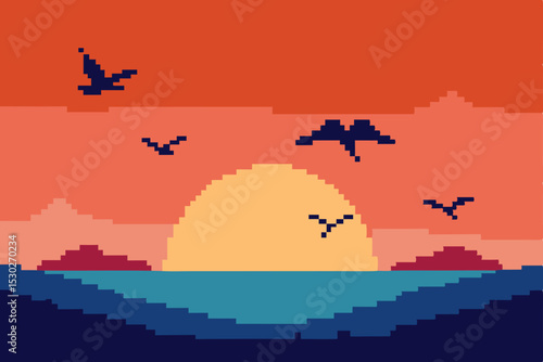 Pixel Sunset Birds in Flight Over a Serene Ocean Scene