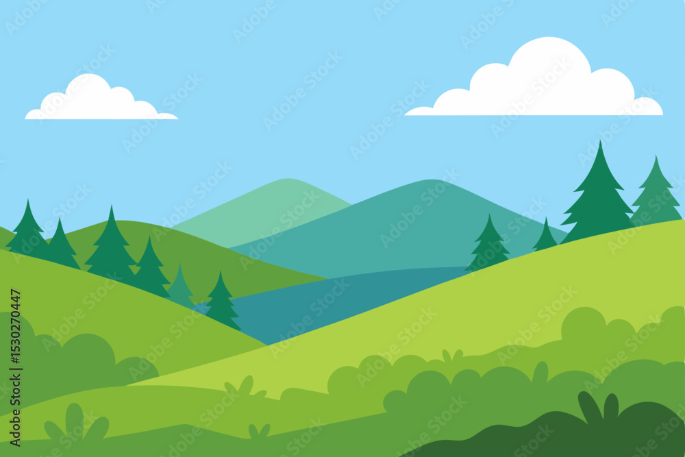 Fototapeta premium Serene Green Hills Landscape Majestic Mountains, Rolling Hills, and Lush Greenery