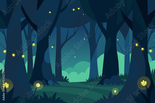 Enchanted Night Forest Firefly Lights and Mysterious Woods