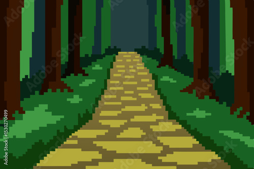 Pixel Art Journey Down the Enchanting Yellow Brick Road through a Mystical Forest