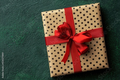 A gift, wrapped in brown paper with polka dots and tied with a red ribbon, sits on a dark green background.  Plenty of copy space to the left