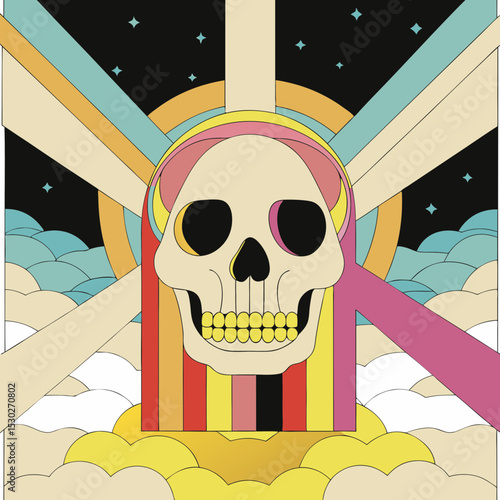 Psychedelic skull with colorful rays and cloud background