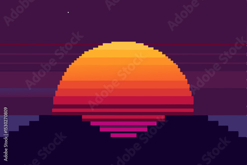 Pixel Sunset Retro 8-bit Digital Art of a Vibrant Sun Setting Over the Horizon
