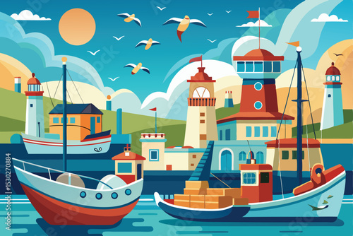 A colorful, stylized illustration of a picturesque harbor scene.