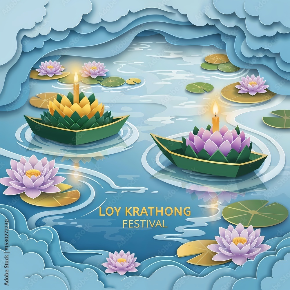 Naklejka premium Loy Krathong Festival Floating Lanterns, Water Lilies, and Festive Celebration