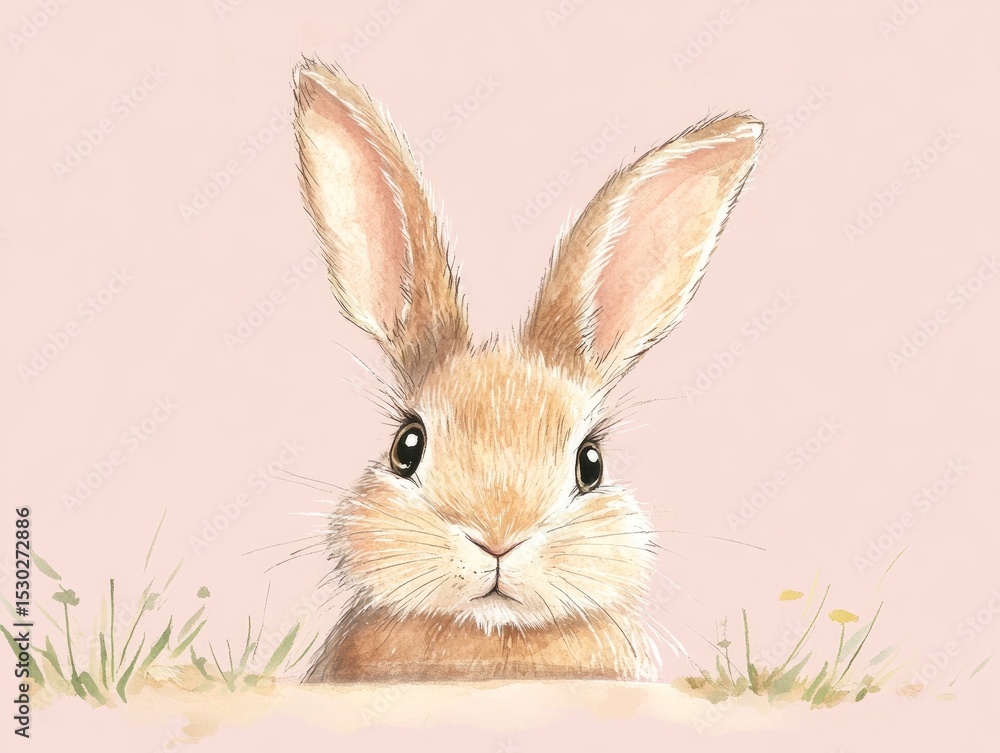 Obraz premium A shy bunny hiding behind its long ears, peeking out, isolated on a pastel pink background.