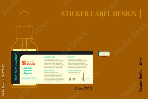 Sticker Label Dropper Bottles 30 ml - hair tonic serum. Sticker label design template.