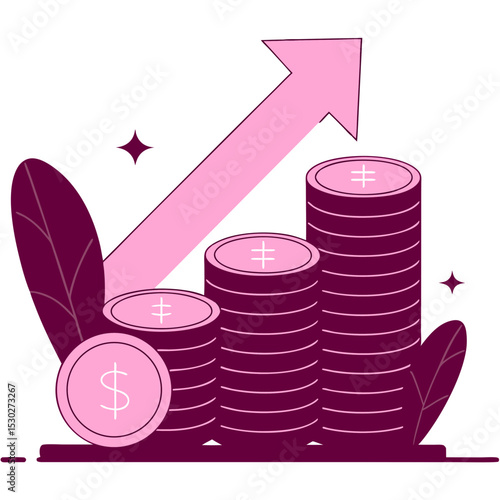 Stacks of coins with arrow and leaves financial growth