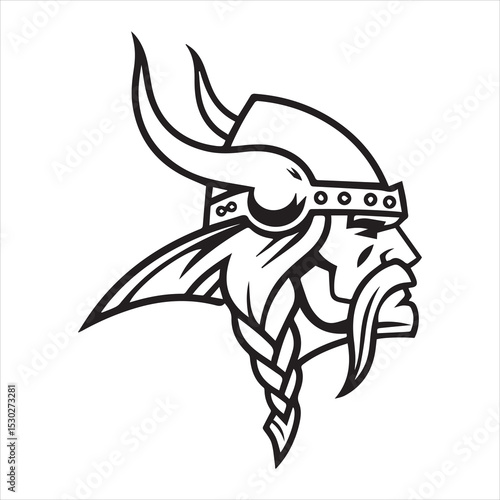 Viking warrior head mascot logo, side profile. Norseman with horned helmet and braided beard. Black and white vector graphic icon for sports or esports team, isolated on white