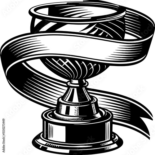 Illustration of an ornate trophy with a ribbon around it