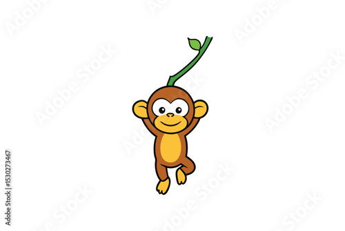 Smiling cartoon monkey hanging on tree branch vector art illustration