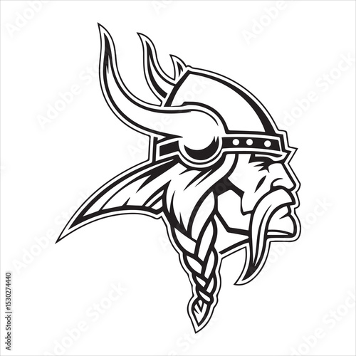 Viking warrior head mascot logo, side profile. Norseman with horned helmet and braided beard. Black and white vector graphic icon for sports or esports team, isolated on white