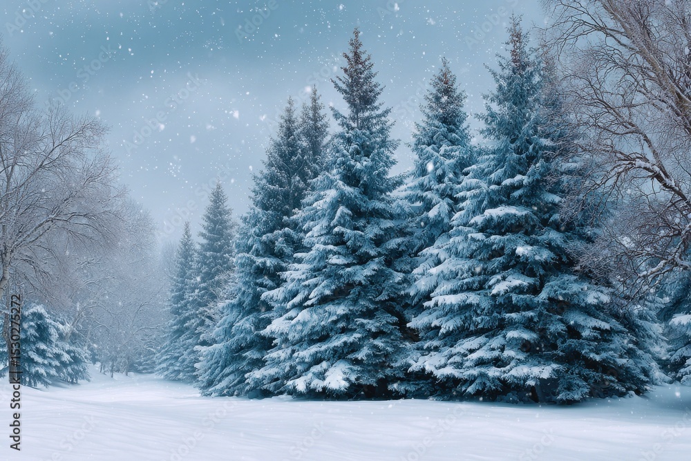 Obraz premium Snowy forest landscape with evergreen trees and falling flakes during winter time