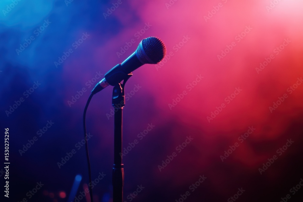 Obraz premium Live music performance with microphone under colorful lights at concert venue capturing the excitement of the event