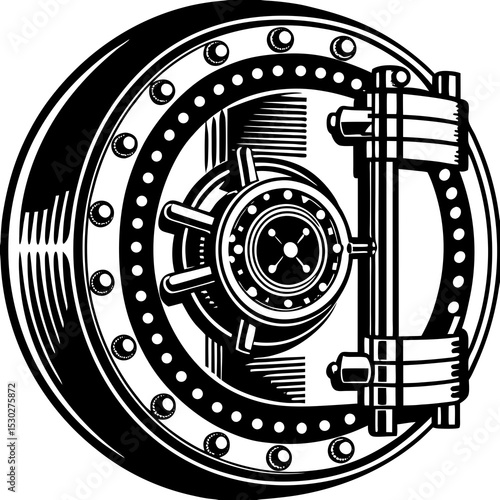 Illustration of a detailed bank vault door in black and white