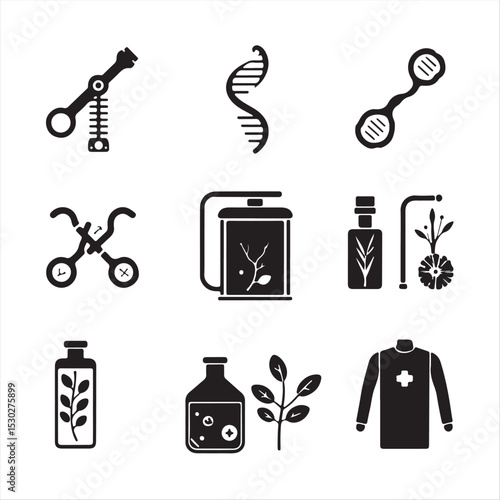9 monochrome icons in a modern, flat design, depicting CRISPR tools, DNA sequencing, synthetic biology, bioreactors, lab-grown tissues, and personalized medicine.  