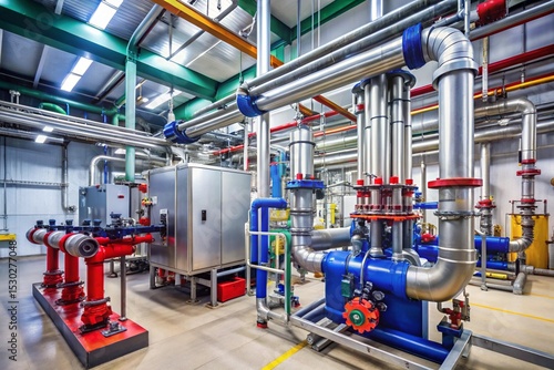 A large industrial building with pipes and valves