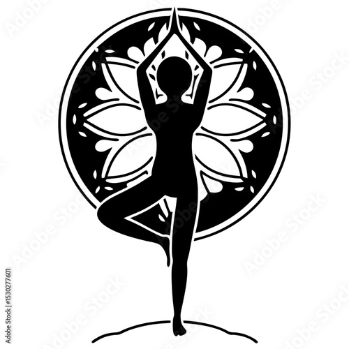 Silhouette of a person in tree pose with mandala background