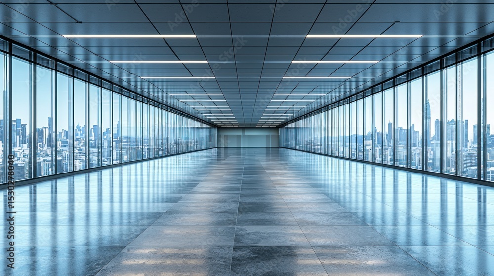 A long, empty office corridor with floor-to-ceiling windows offering a panoramic city view, reflecting the cityscape on its polished floor A long, empty office corridor with floor-to-ceiling windows offering a panoramic city view, reflecting the cityscape on its polished floor