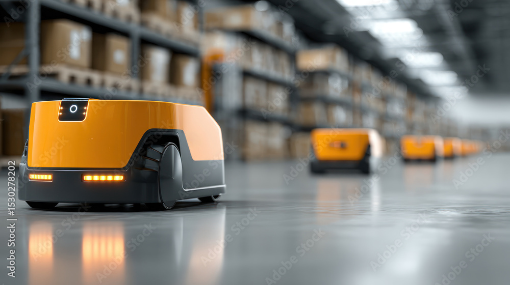 Obraz premium Autonomous robotic vehicles enhance warehouse logistic efficiency through advanced automation improving speed and accuracy material handling tasks.