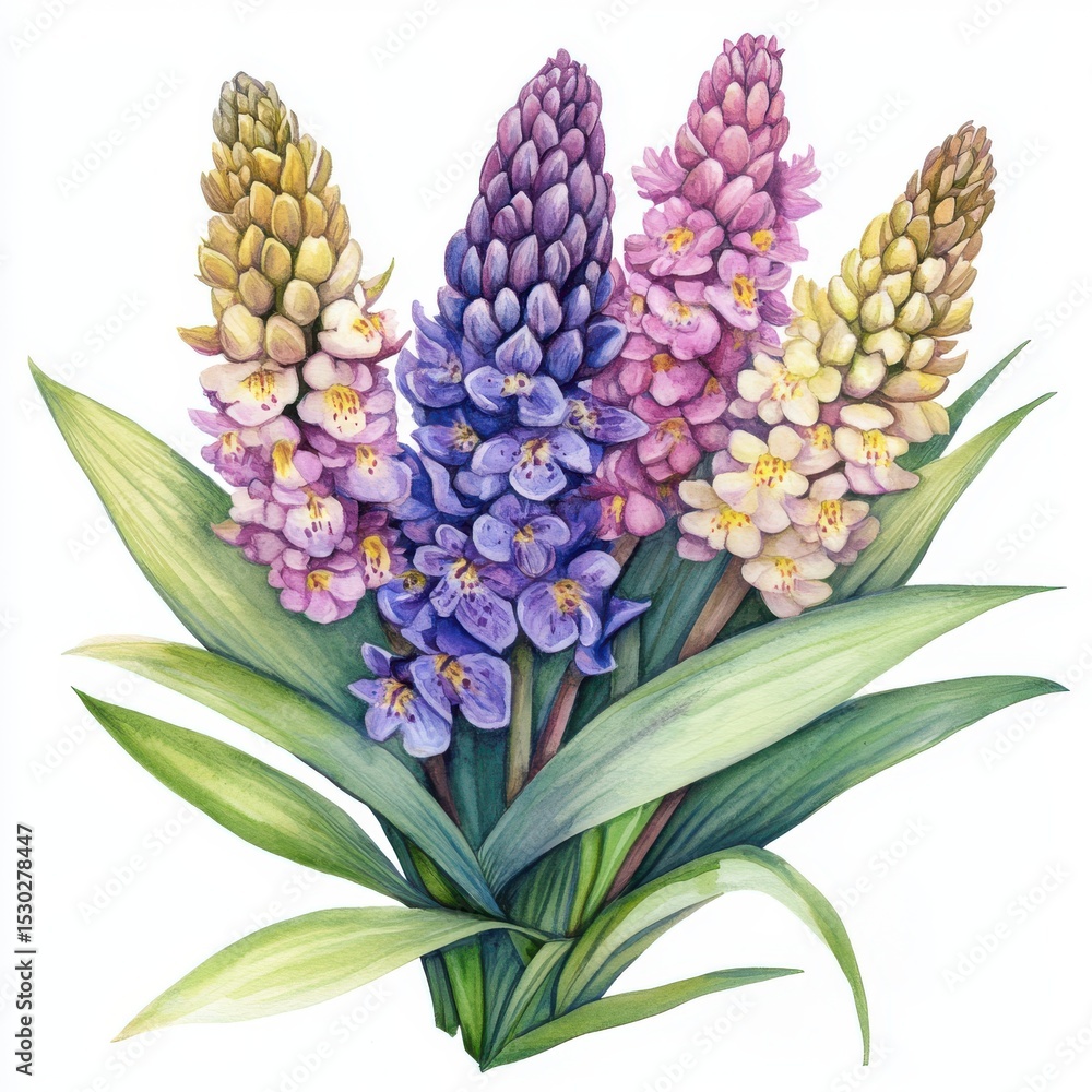 Fototapeta premium Vibrant Watercolor Painting of Purple Pink and Yellow Orchids
