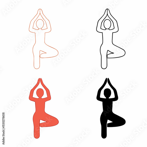 Four yoga tree pose figures in different color outlines