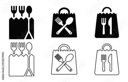 Takeaway Food and Utensils Icons Set - Dining and Delivery