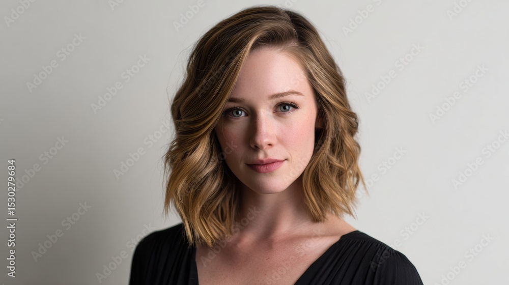 Fototapeta premium A portrait of a young woman with soft waves and a confident expression.