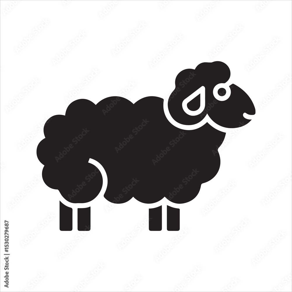 Obraz premium Black sheep stylized vector icon. Farm animal logo with fluffy wool, isolated on a white background. Simple monochrome graphic illustration of a standing lamb