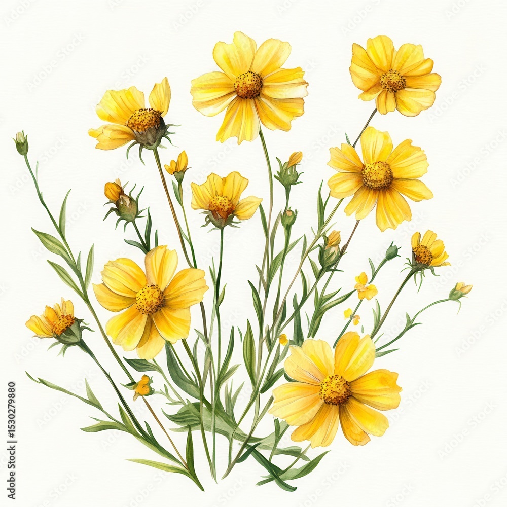 Fototapeta premium Vibrant Yellow Wildflower Bouquet Watercolor Painting