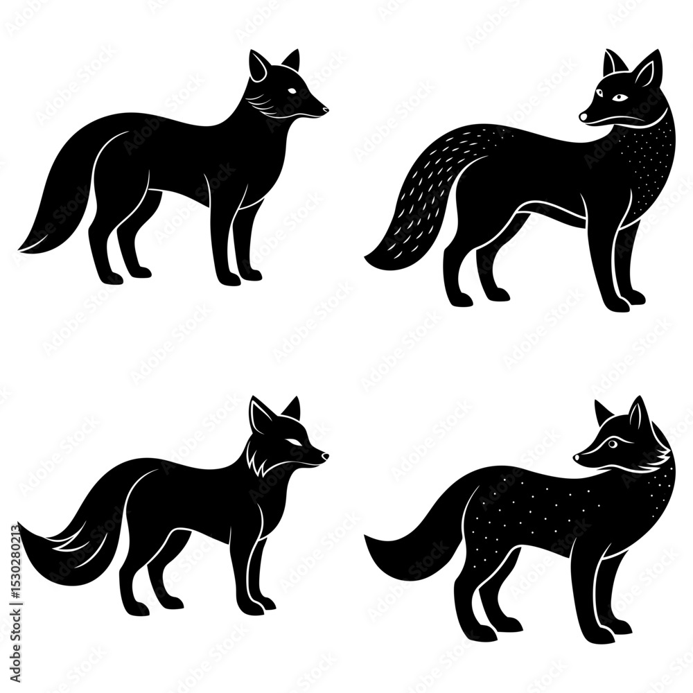 Four black fox illustrations in different poses with varying fur patterns on a white background display Four black fox illustrations in different poses with varying fur patterns on a white background display
