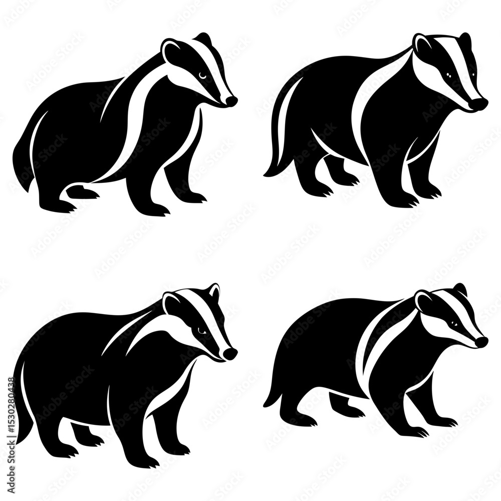 Obraz premium Four stylized black and white badger illustrations in various poses on a white background art image