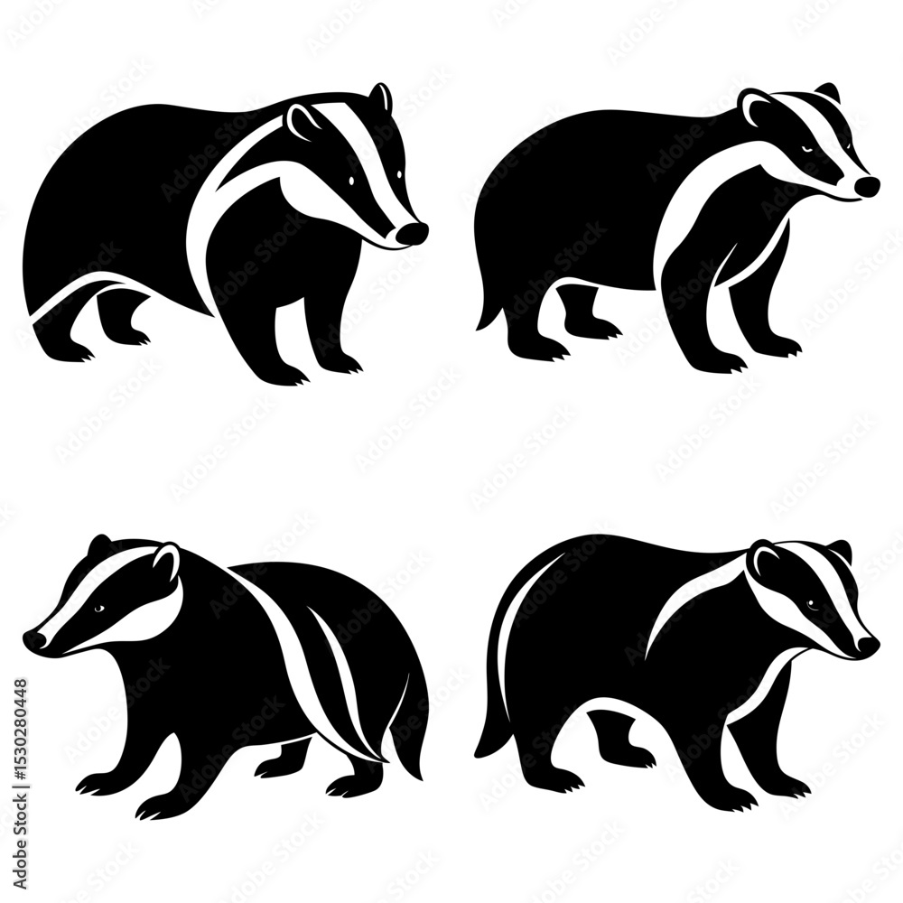 Obraz premium Four monochrome badger illustrations in various poses against a white background display wildlife art
