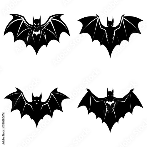 A collection of four stylized black bat silhouettes with varied wing positions on a white background