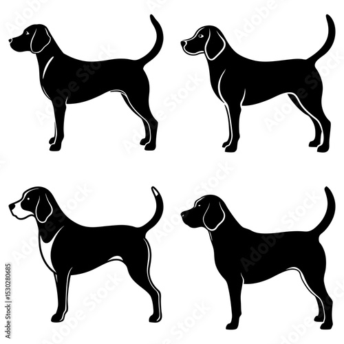 Four black silhouette dogs standing in different poses with tails up and floppy ears on a white background