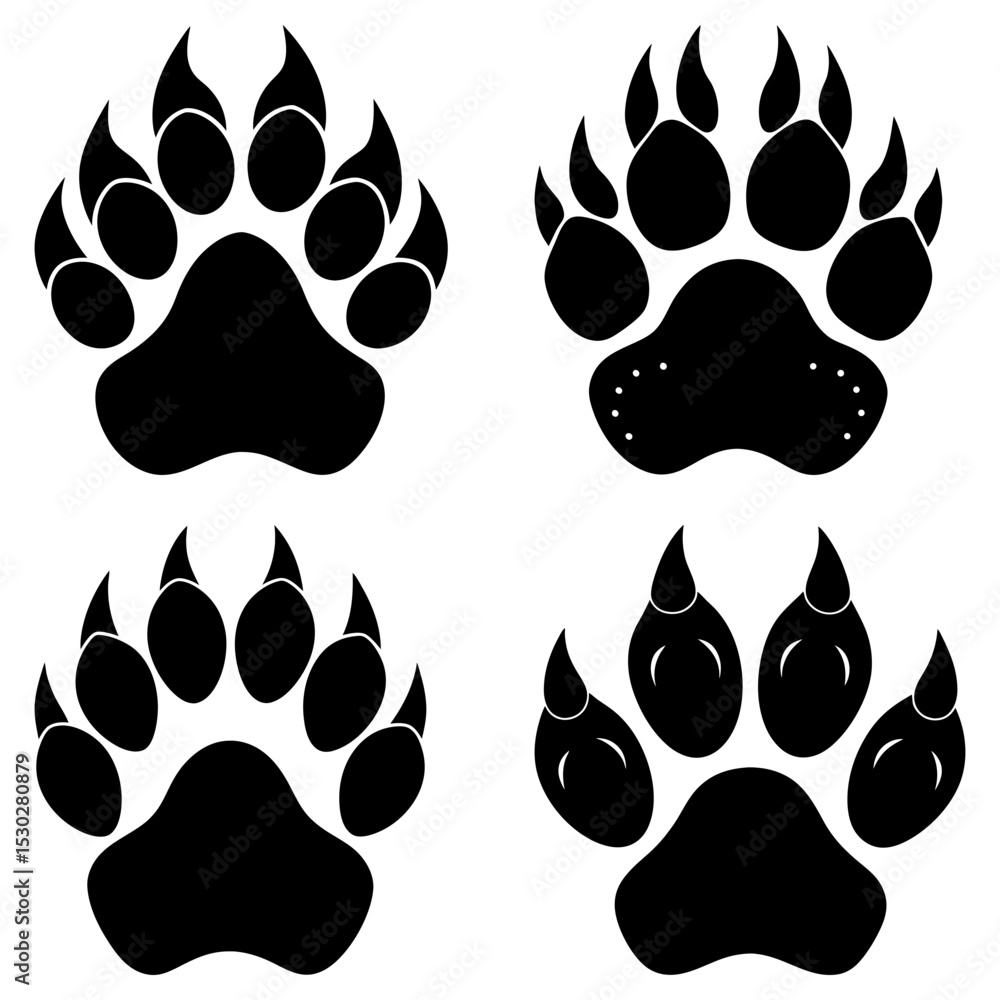 Four black bear paw prints arranged in a square formation on a white background illustration art Four black bear paw prints arranged in a square formation on a white background illustration art