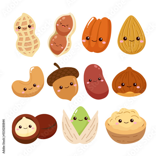 Set of cute nuts, cashew, walnut, almond, hazelnut, peanut cartoon