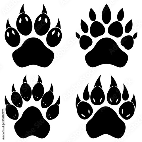 Four black bear paw prints with visible claws and pads arranged in a square formation on white backdrop