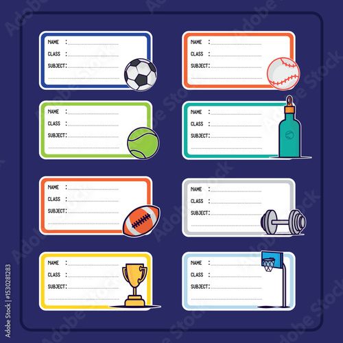 Collection of School Name Tags with Sports Theme. Cute Notebook Labels.