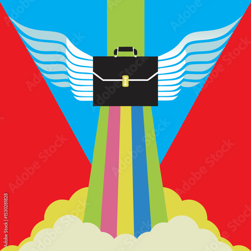 Flying briefcase with wings over colorful cloud trails