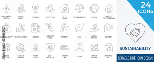 A modern line icon set representing green living, renewable energy, and environmental conservation. Perfect for illustrating sustainable practices, Eco initiatives, and climate-conscious concepts.