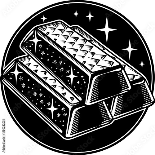 Illustration of stacked gold bars with stars and circle