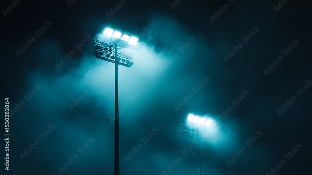 Bright Stadium Lights Piercing Through Misty Night Atmosphere. Glistening stadium floodlights shine through an ethereal mist during a dark, atmospheric night. Bright Stadium Lights Piercing Through Misty Night Atmosphere. Glistening stadium floodlights shine through an ethereal mist during a dark, atmospheric night.