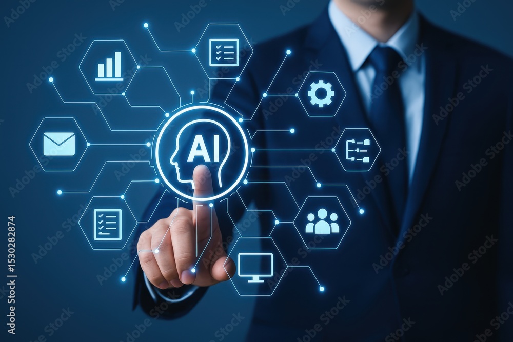 Businessman Interacting with Innovative Artificial Intelligence Technology and Data Analysis Icons in Modern Digital Concept Businessman Interacting with Innovative Artificial Intelligence Technology and Data Analysis Icons in Modern Digital Concept